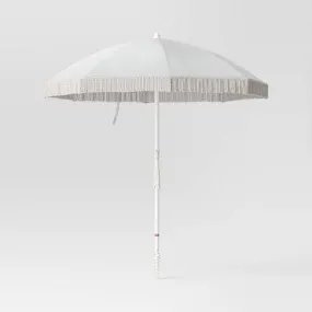 New - 6.5'x6.5' Round Outdoor Patio Beach Umbrella with Fringe Ivory - Threshold