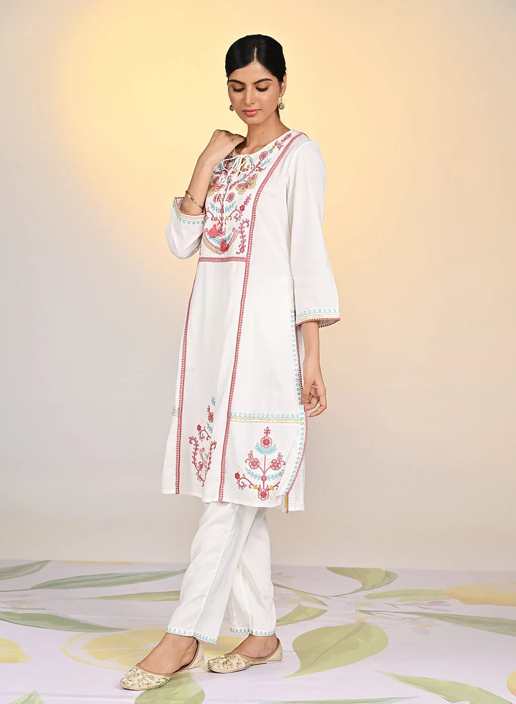 Nida Ivory Embroidered Crinkled Viscose Georgette Embroidered Kurta for Women