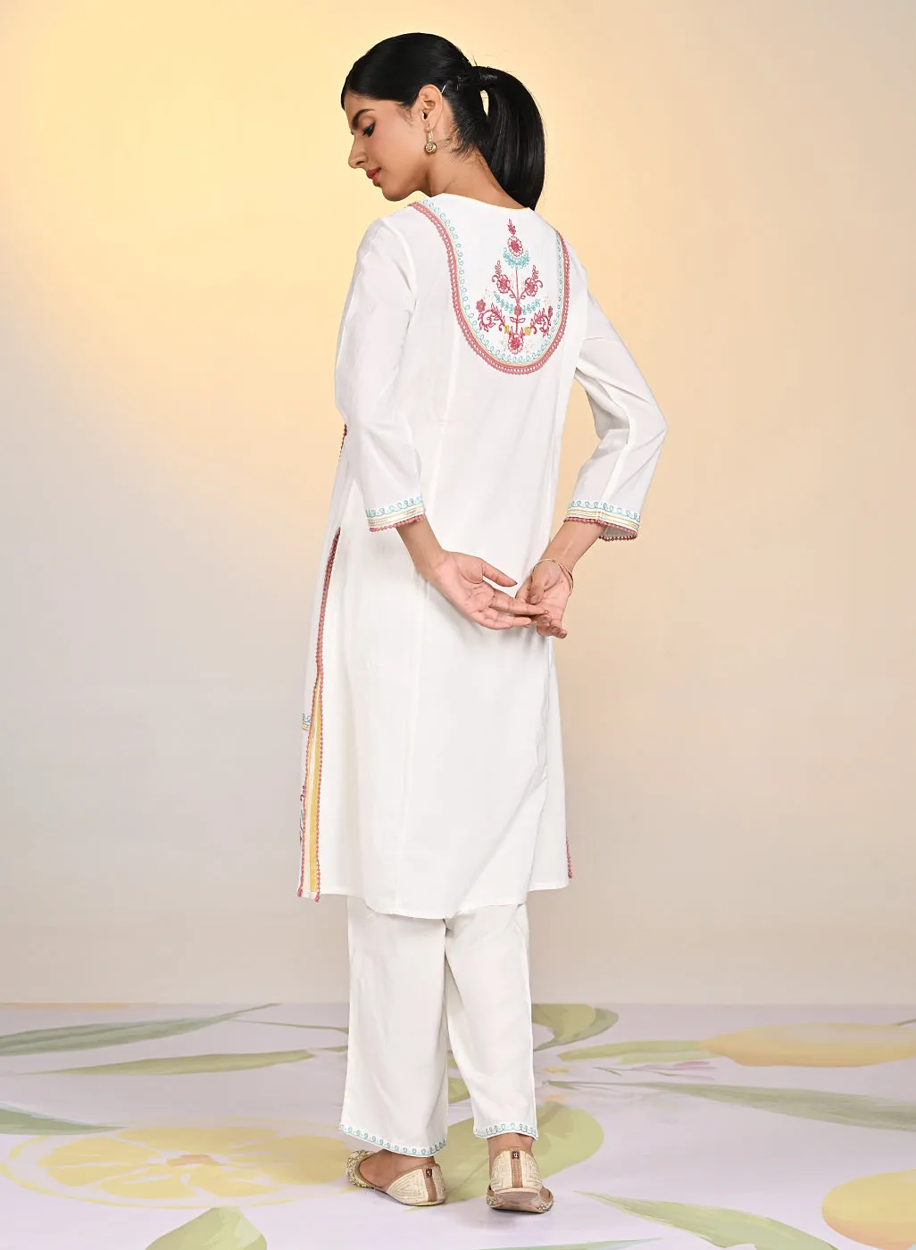 Nida Ivory Embroidered Crinkled Viscose Georgette Embroidered Kurta for Women