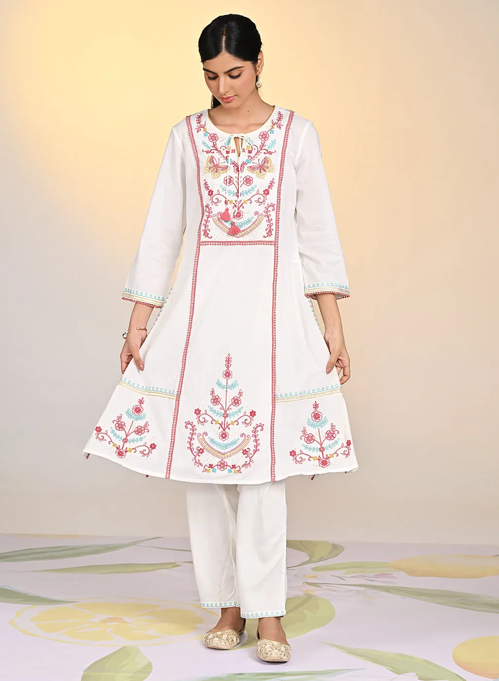 Nida Ivory Embroidered Crinkled Viscose Georgette Embroidered Kurta for Women