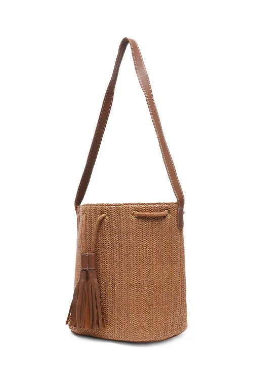 Nutmeg Raffia Drawstring Bucket Bag