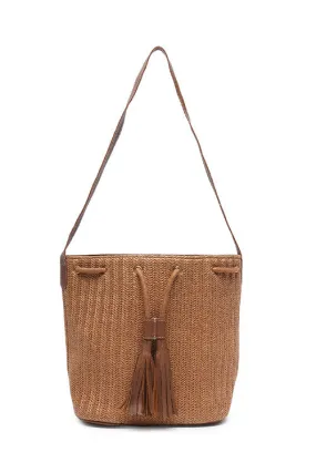 Nutmeg Raffia Drawstring Bucket Bag