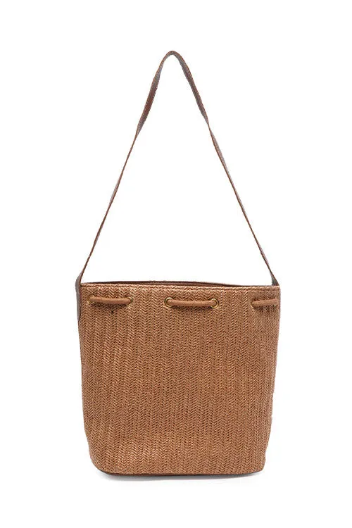 Nutmeg Raffia Drawstring Bucket Bag