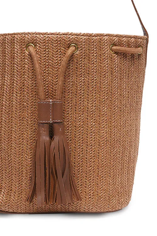 Nutmeg Raffia Drawstring Bucket Bag