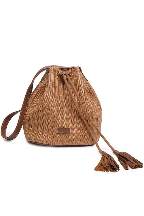 Nutmeg Raffia Drawstring Bucket Bag