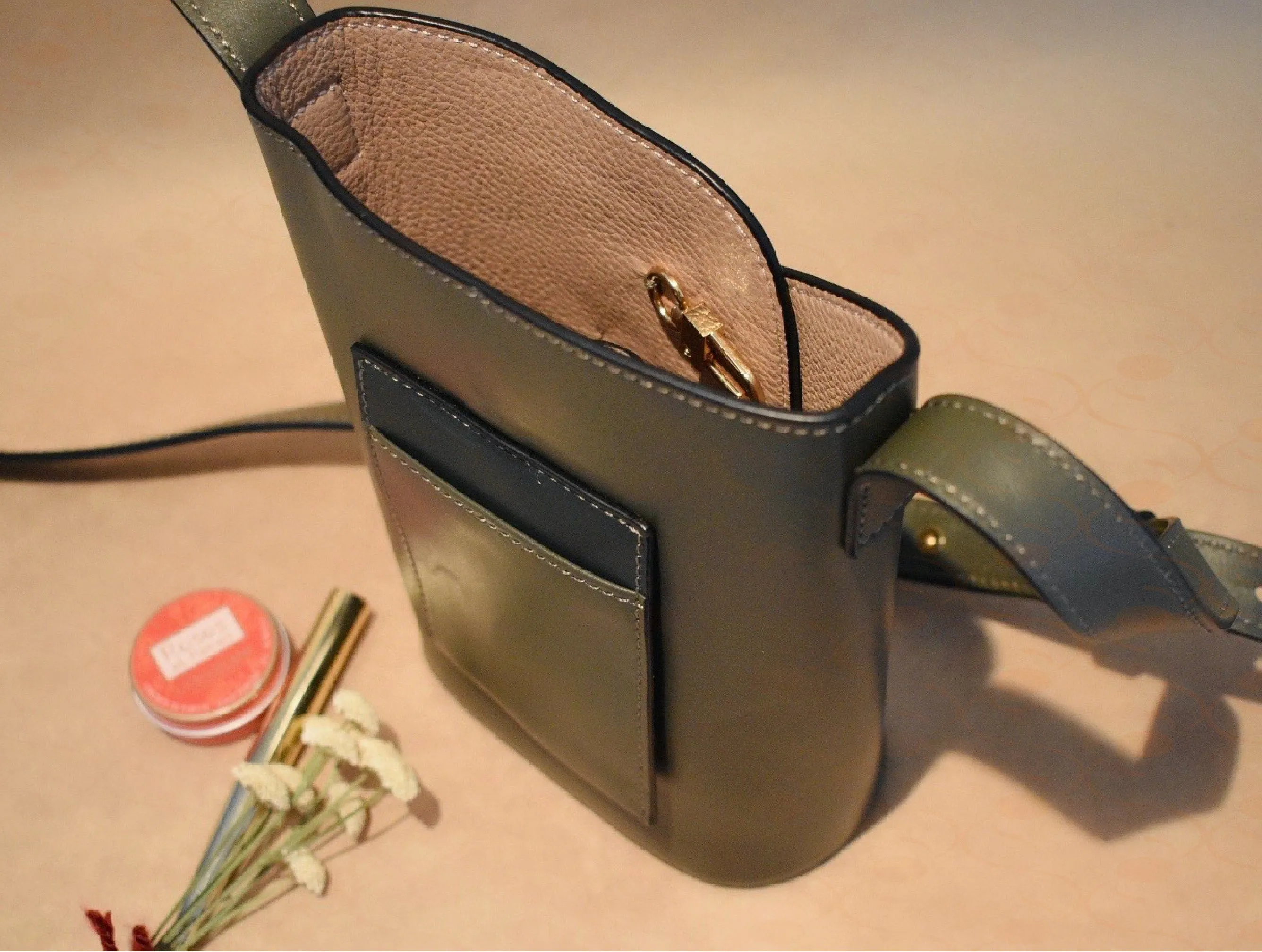 Olive Green Mini Leather Bucket Bag with Card Holder