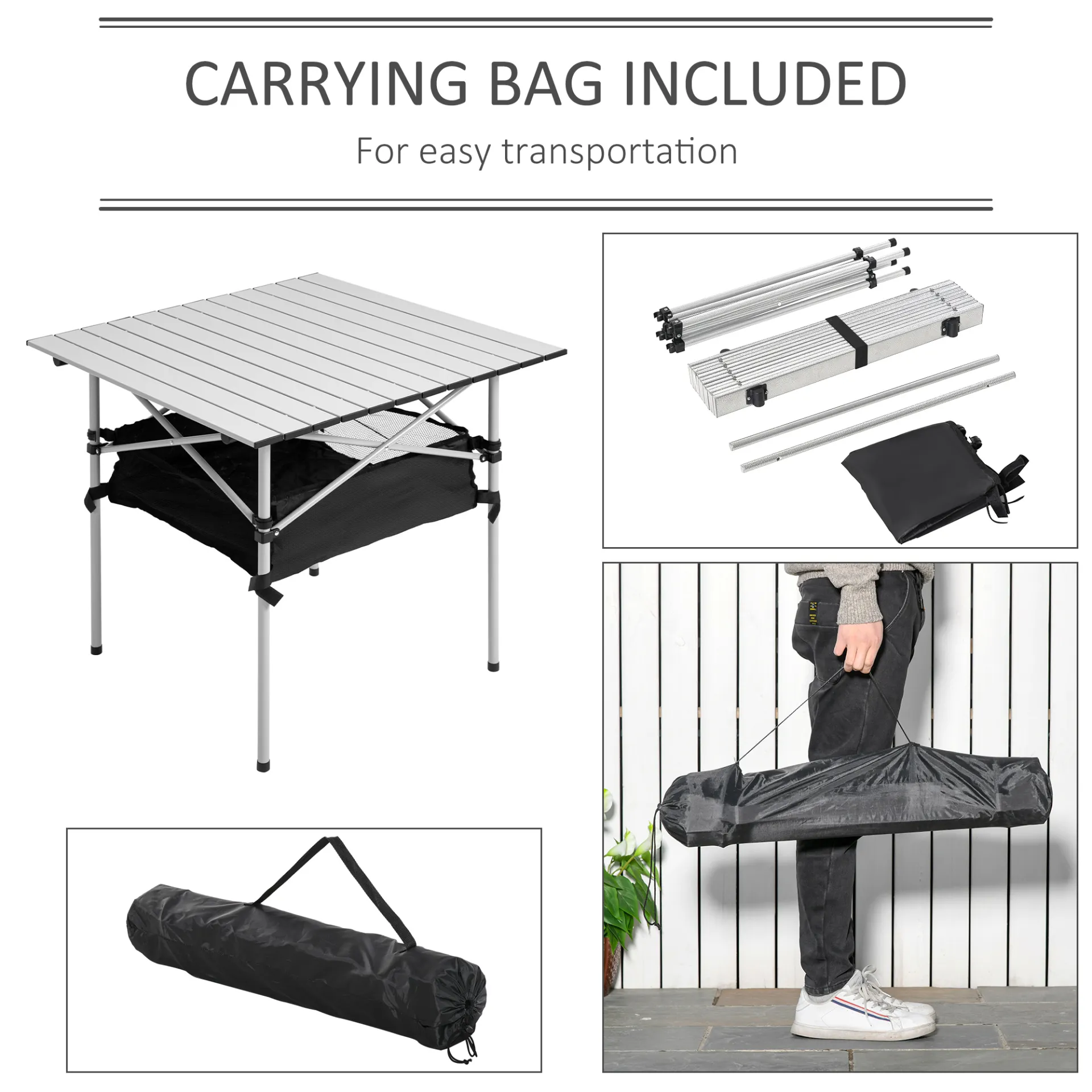 Outsunny Aluminum Roll-Top Table with Mesh Bag - Lightweight and Portable Camping and Outdoor Dining Furniture - Silver