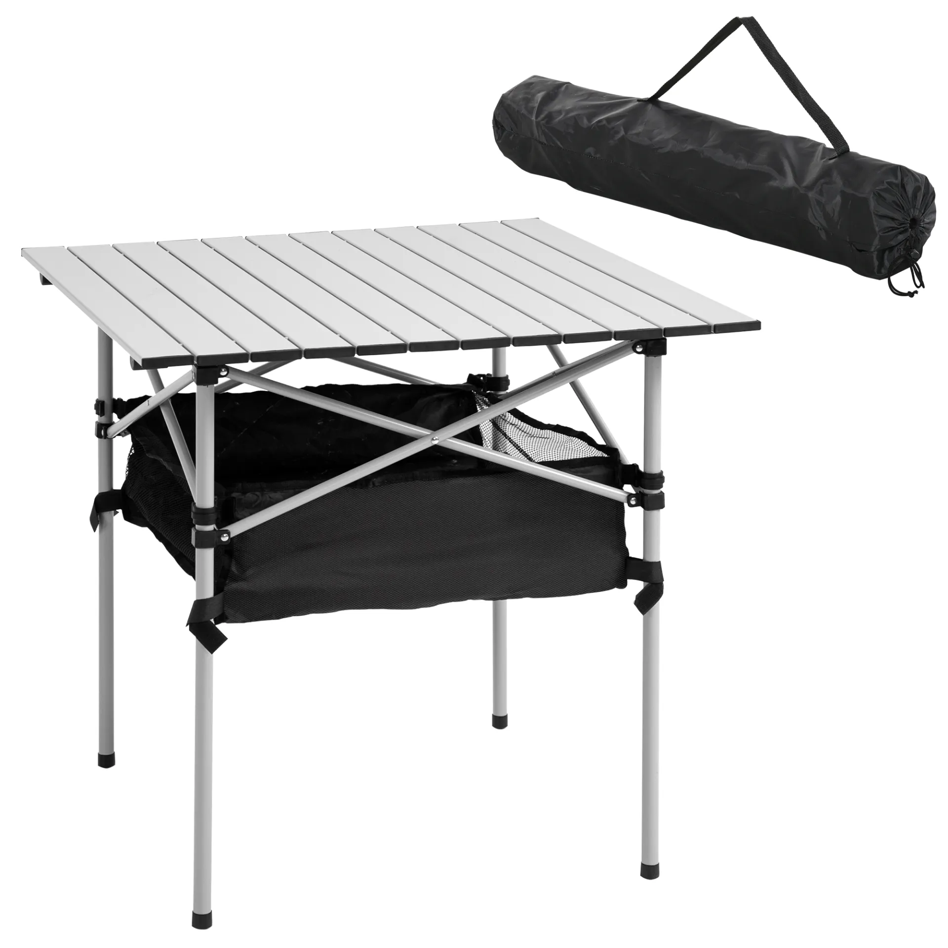 Outsunny Aluminum Roll-Top Table with Mesh Bag - Lightweight and Portable Camping and Outdoor Dining Furniture - Silver