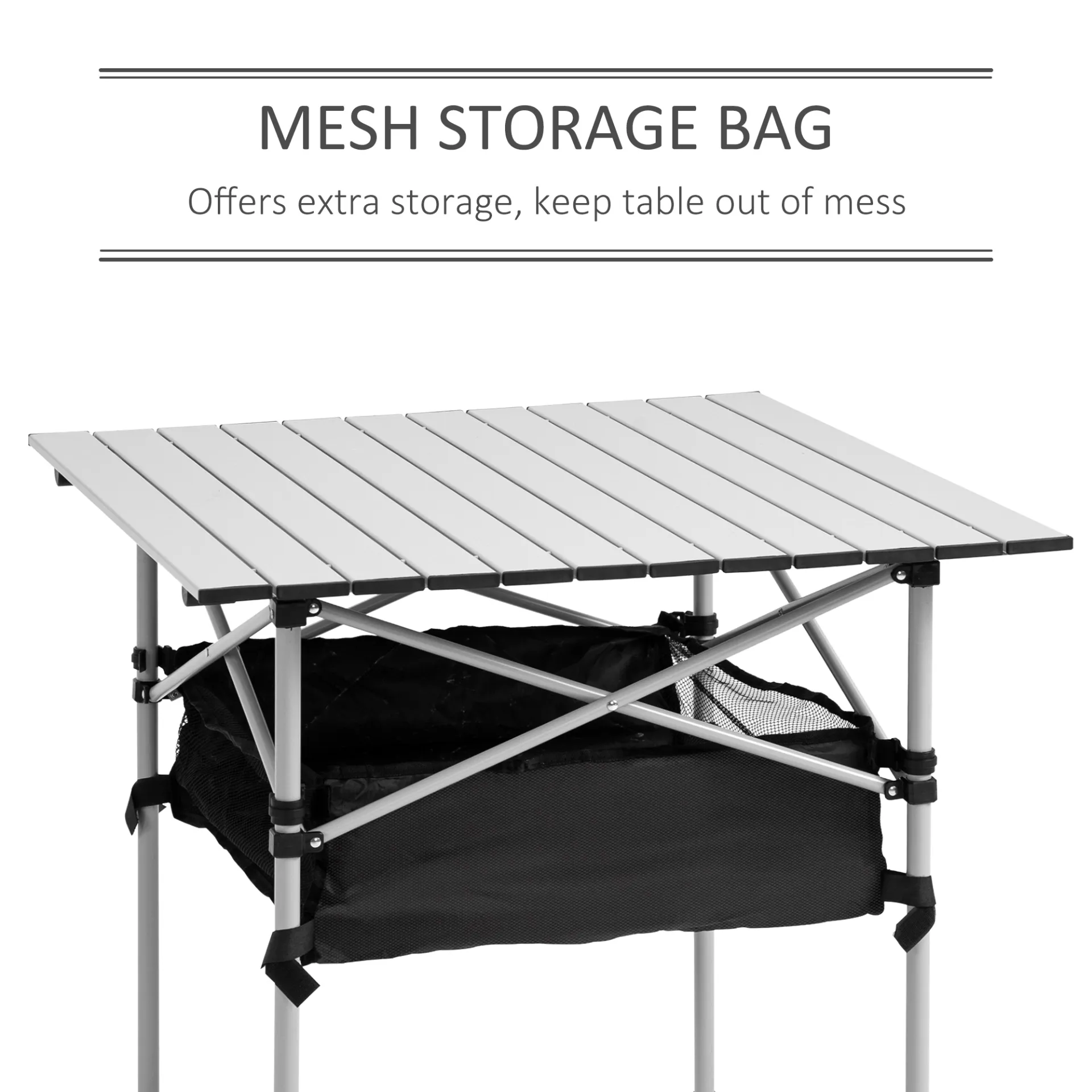 Outsunny Aluminum Roll-Top Table with Mesh Bag - Lightweight and Portable Camping and Outdoor Dining Furniture - Silver