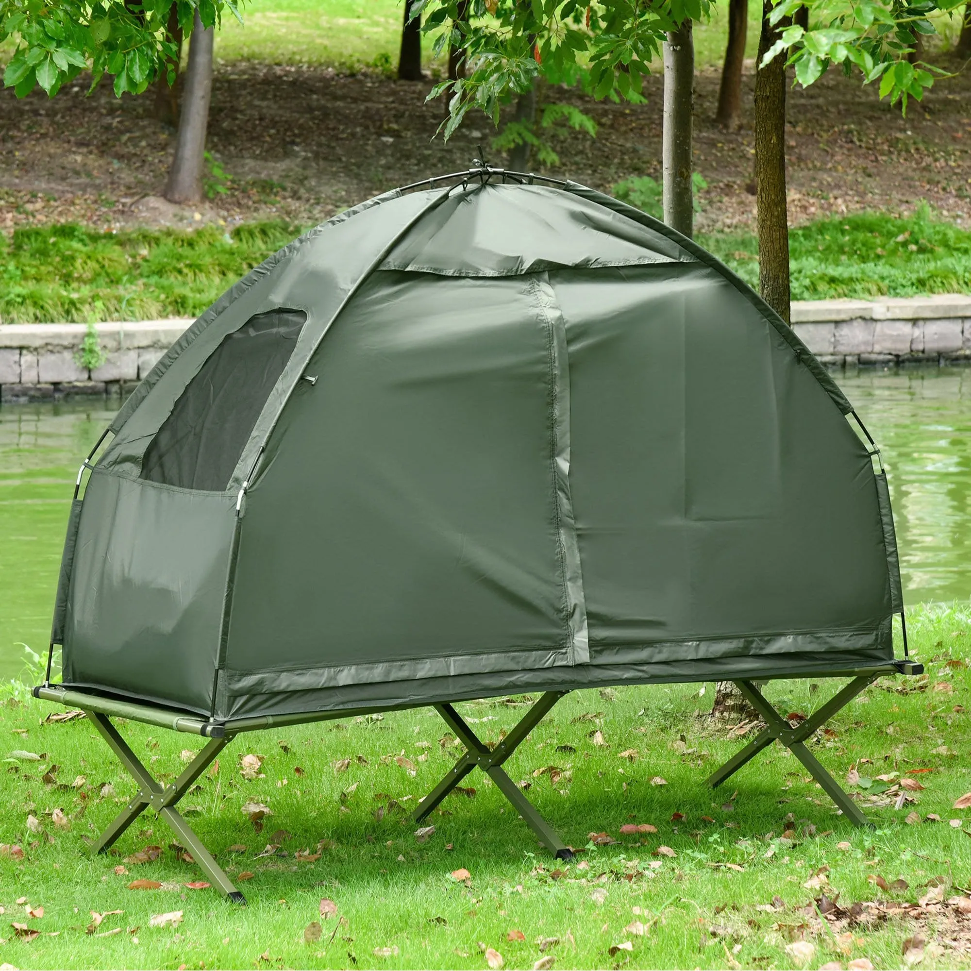 Outsunny Sleeping Bag Tent 1 person Foldable Camping Air Mattress Outdoor Hiking Picnic Bed cot Foot Pump Camp Army Green