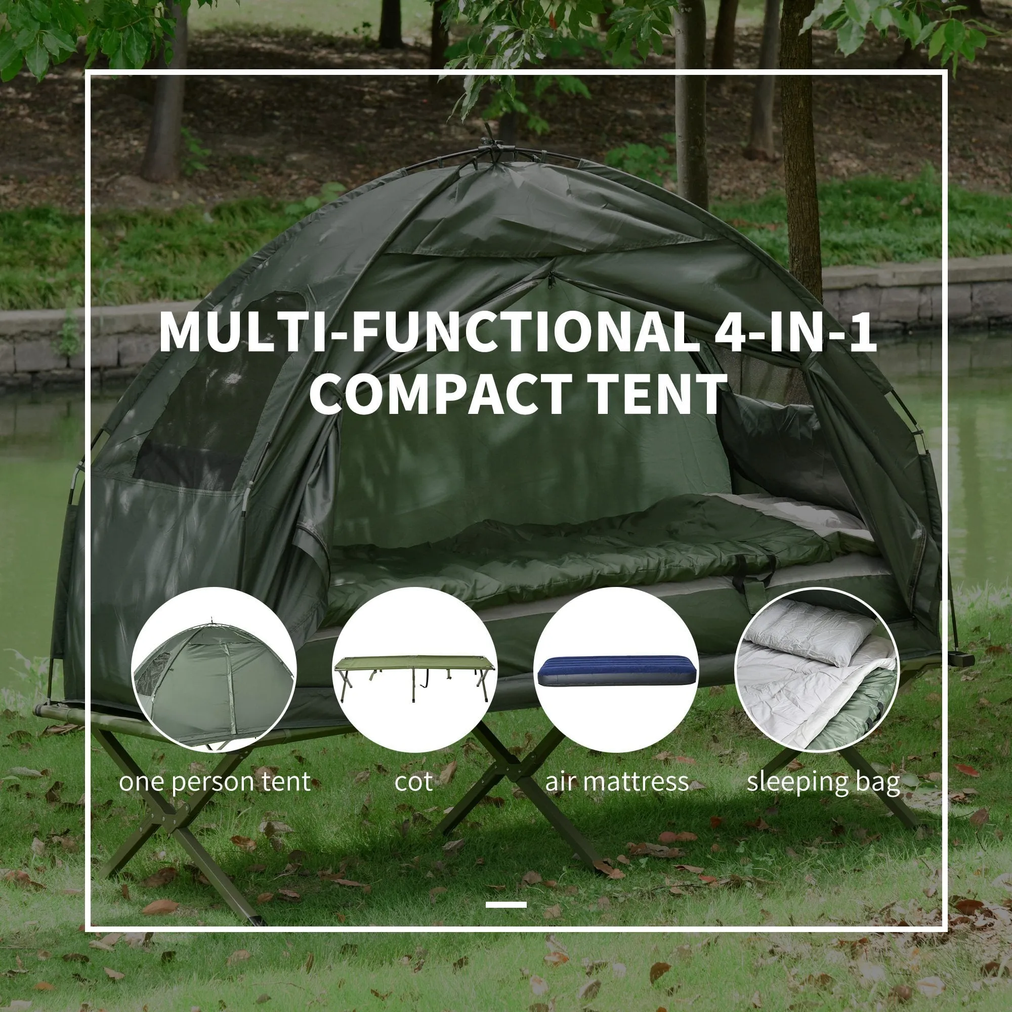 Outsunny Sleeping Bag Tent 1 person Foldable Camping Air Mattress Outdoor Hiking Picnic Bed cot Foot Pump Camp Army Green