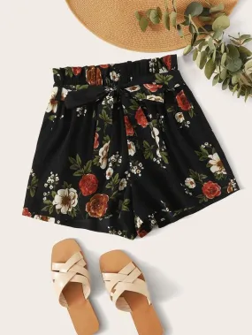 Paperbag Waist Belted Floral Shorts