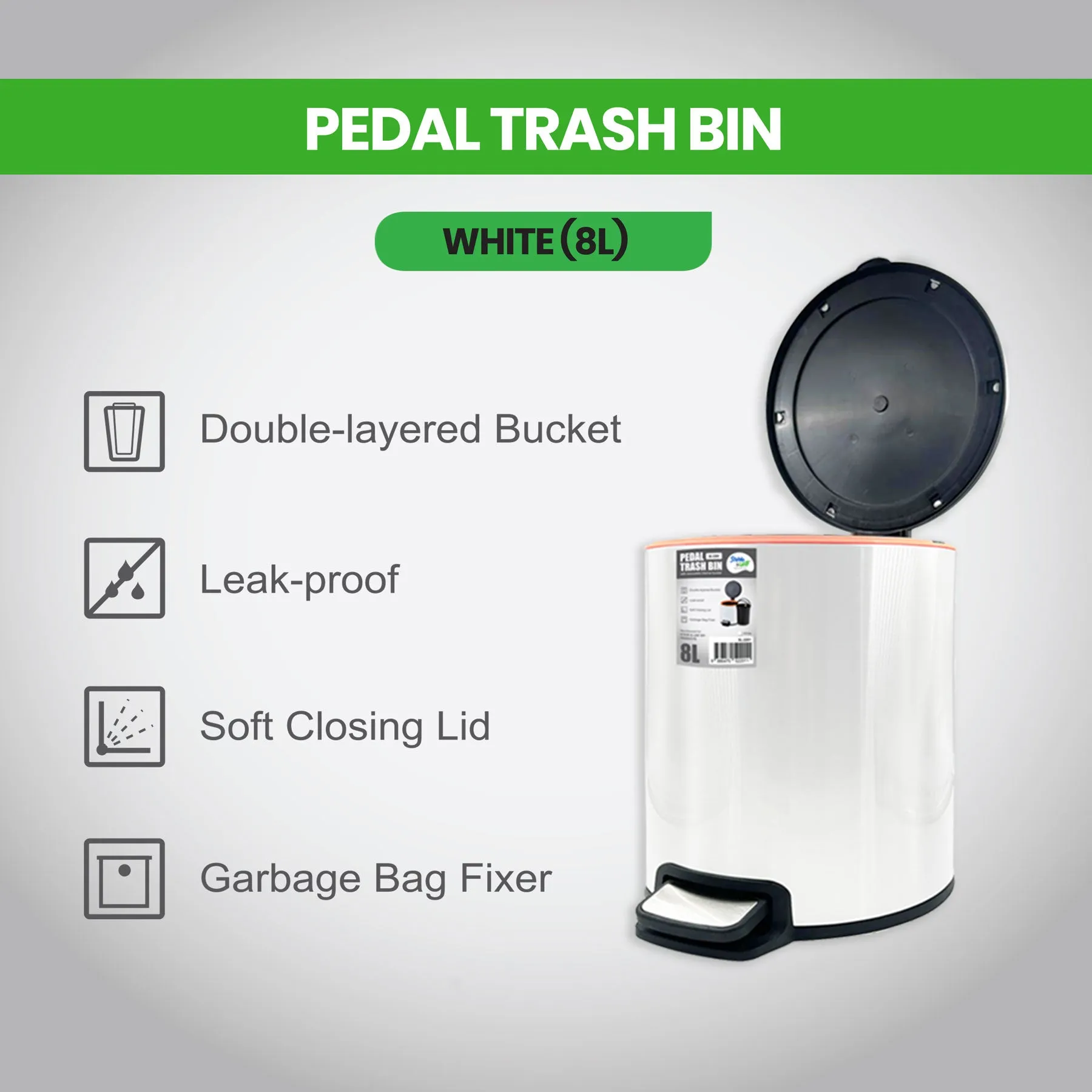 Pedal Trash Bin / Waste Bin / Dustbin 8L (Stainless Steel/White/Black)