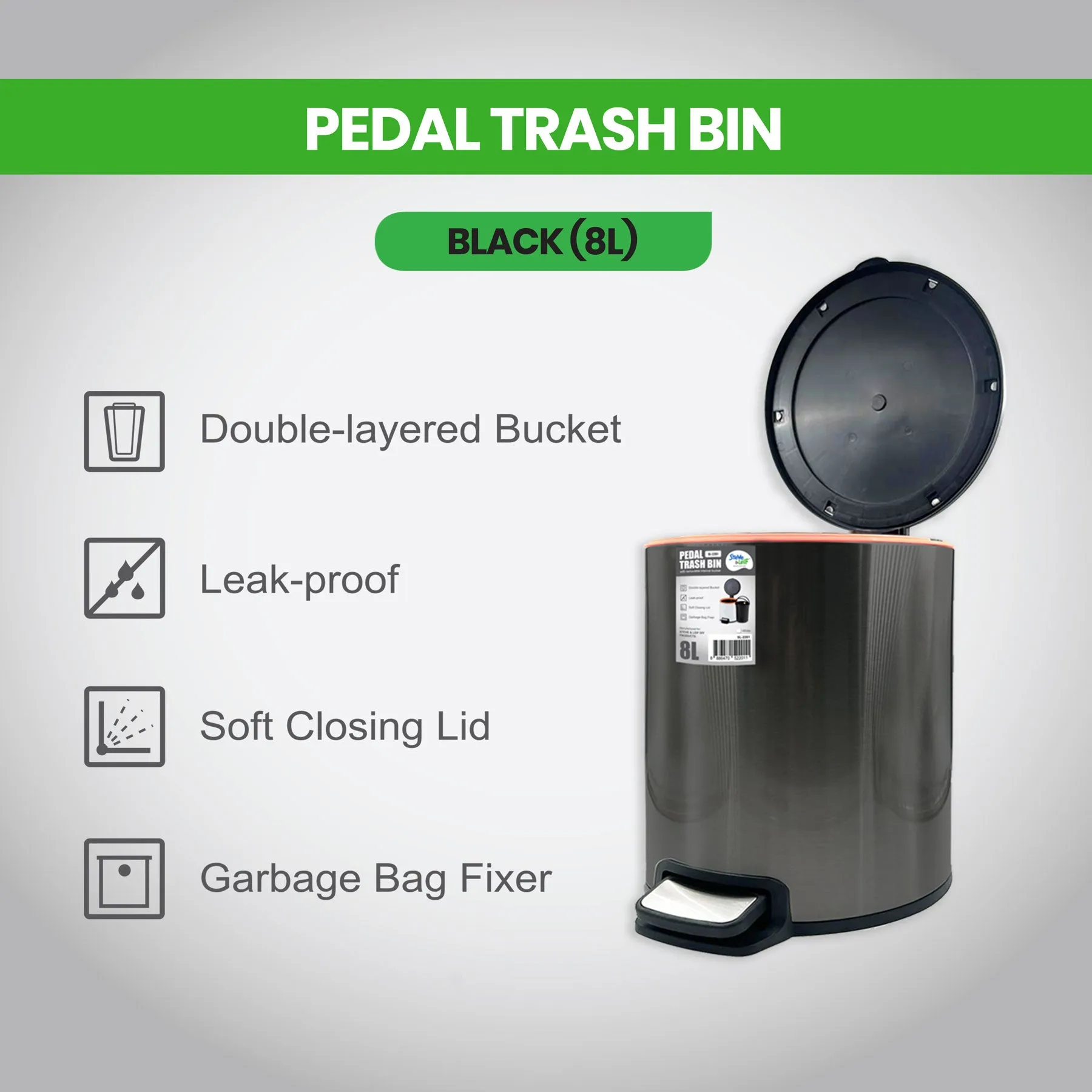 Pedal Trash Bin / Waste Bin / Dustbin 8L (Stainless Steel/White/Black)