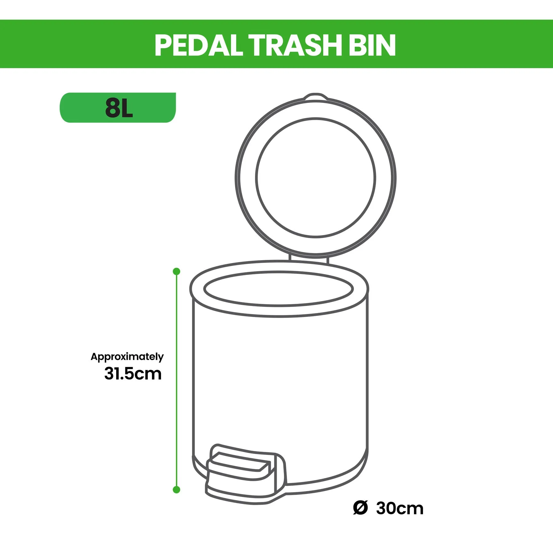 Pedal Trash Bin / Waste Bin / Dustbin 8L (Stainless Steel/White/Black)