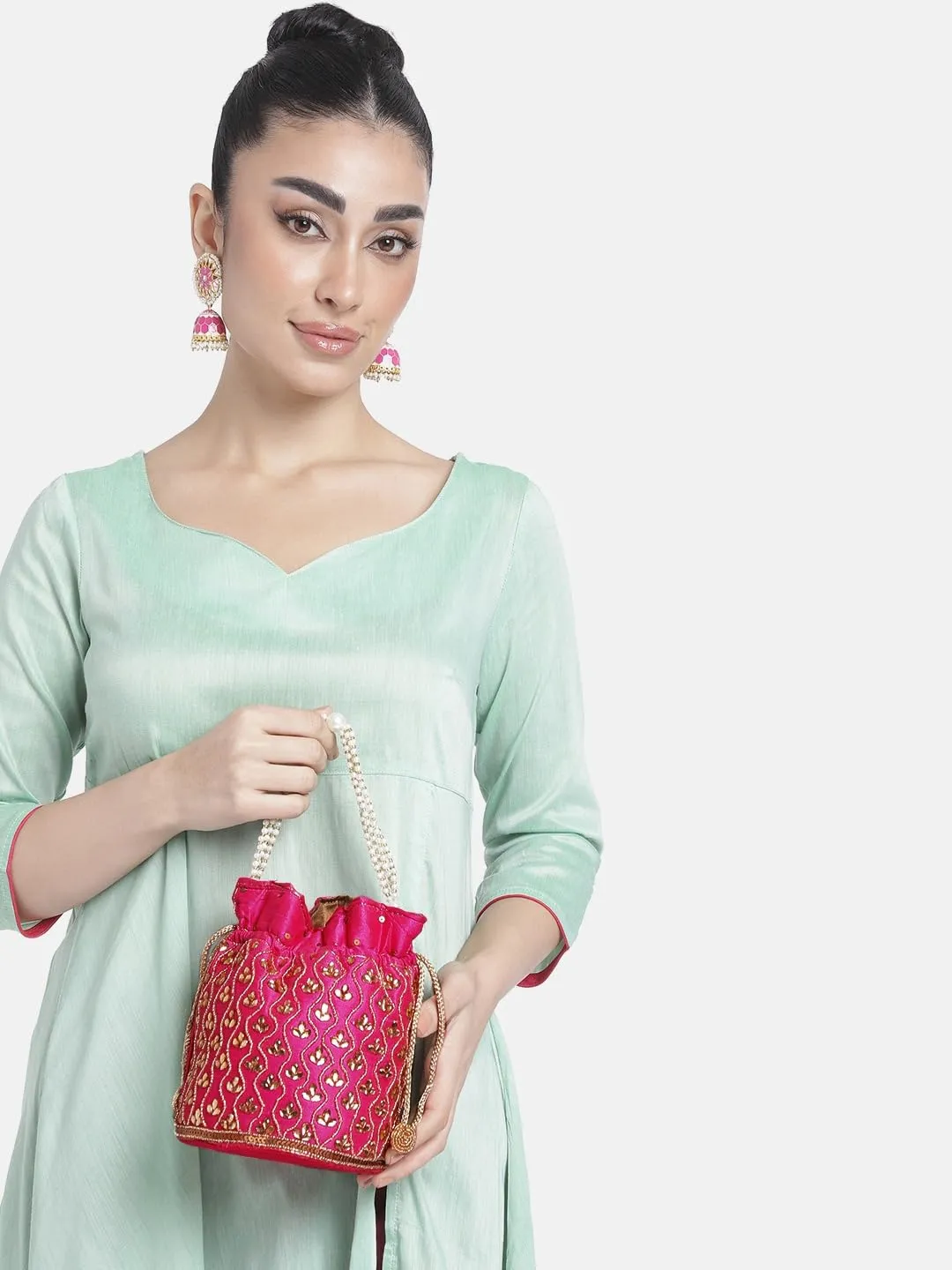 Peora Rani Pink Potli Bags for Women Evening Bag Clutch Ethnic Bride Purse with Drawstring(P88RP)