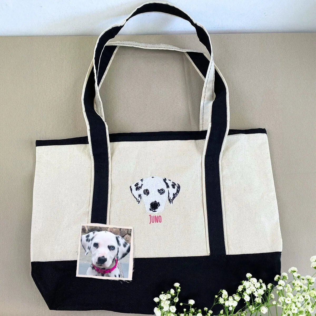 Personalized Dog Tote Bag with Custom Embroidered Photo - Unique Dog Mom Gift Idea