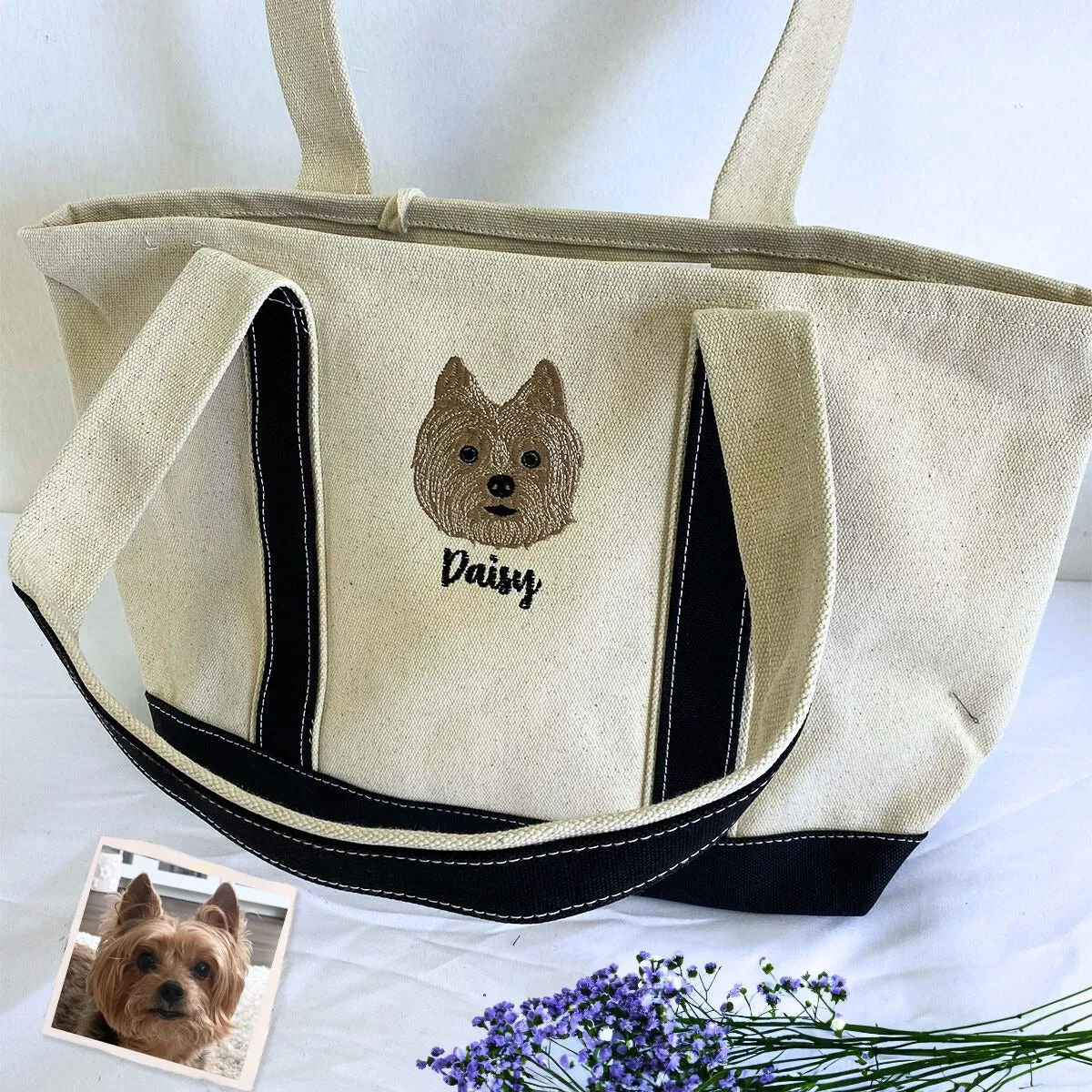 Personalized Dog Tote Bag with Custom Embroidered Photo - Unique Dog Mom Gift Idea