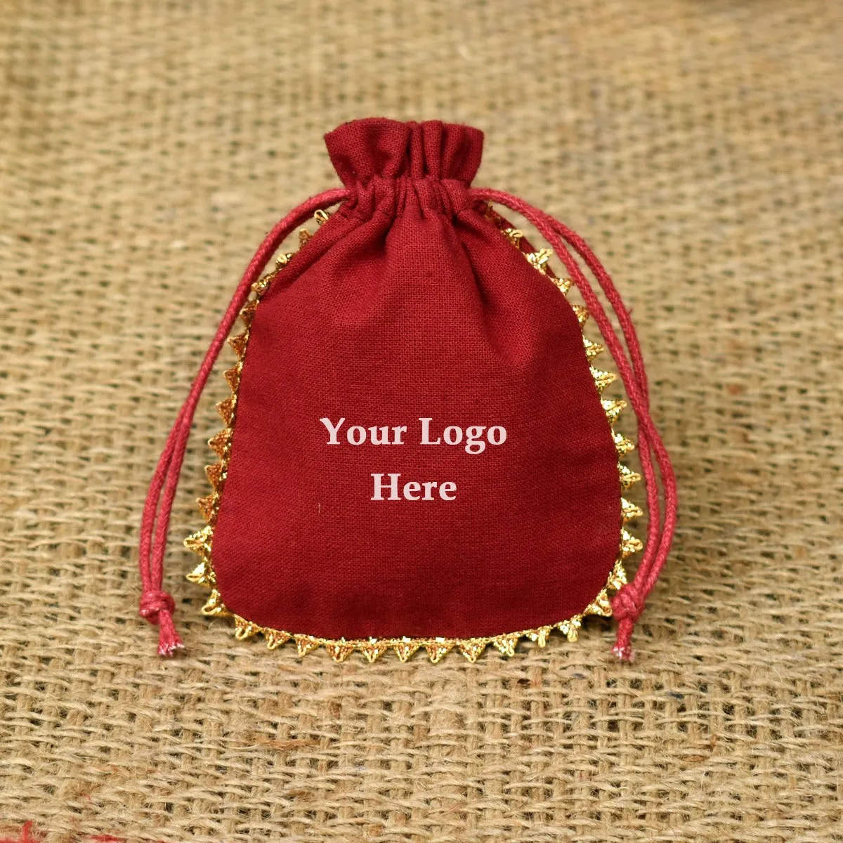 Personalized Logo Small Bags Round Gold Lace Handmade Jewelry Maroon Pouches Custom Cotton Drawstring Pouch– CraftJaipur