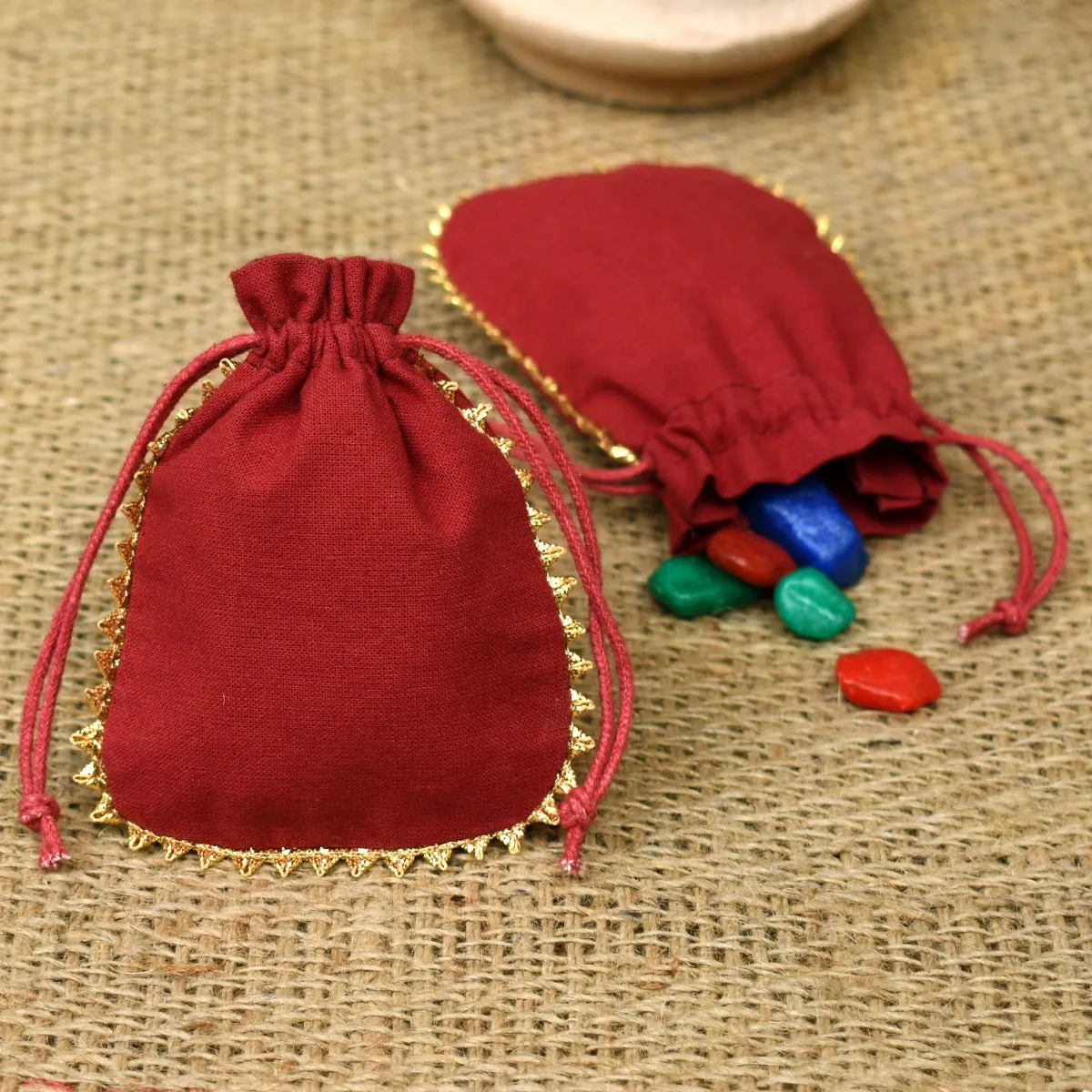 Personalized Logo Small Bags Round Gold Lace Handmade Jewelry Maroon Pouches Custom Cotton Drawstring Pouch– CraftJaipur