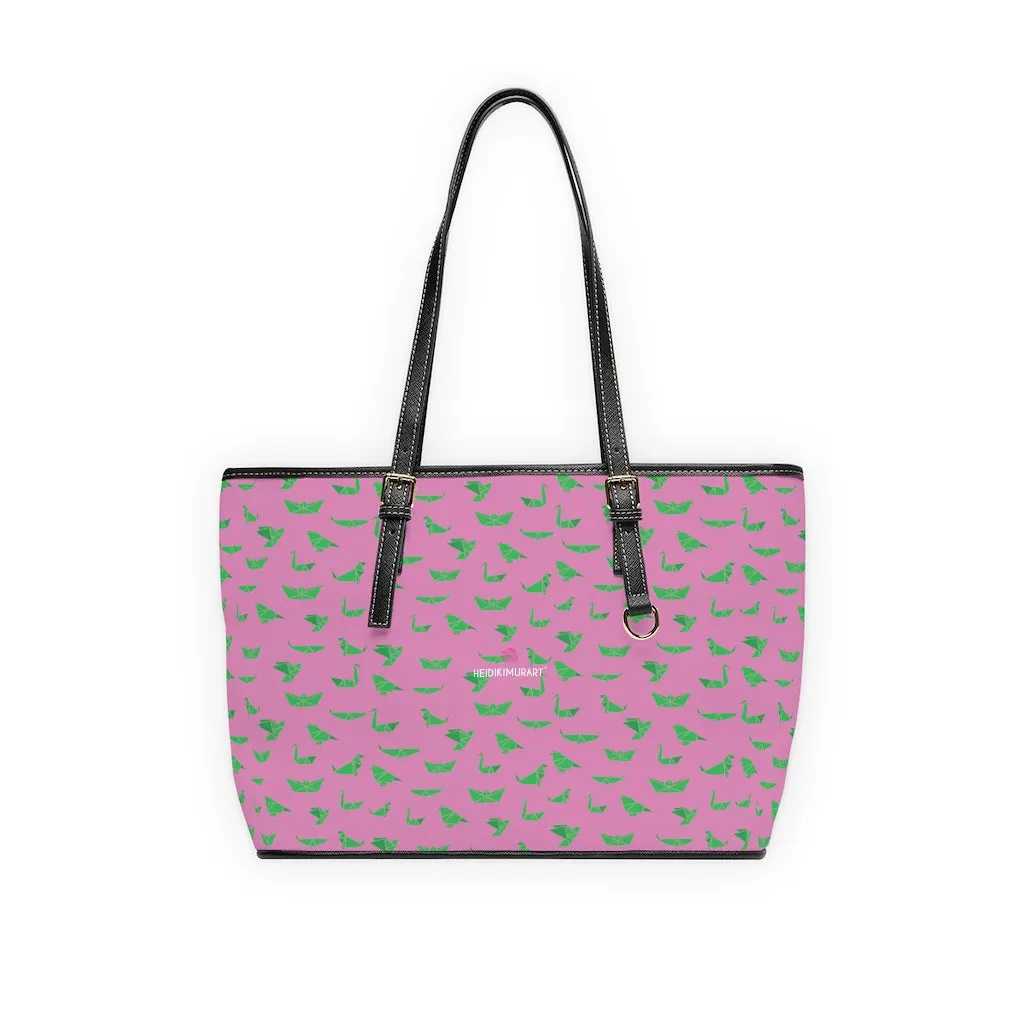 Pink Crane Print Tote Bag, Japanese Style PU Leather Shoulder Hand Work Bag 17"x11"/ 16"x10"