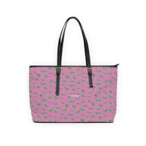 Pink Crane Print Tote Bag, Japanese Style PU Leather Shoulder Hand Work Bag 17"x11"/ 16"x10"