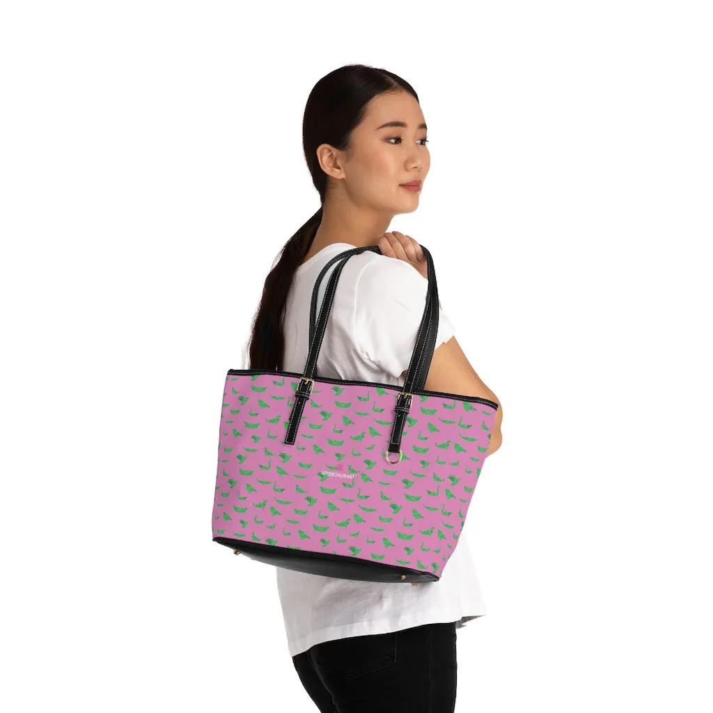 Pink Crane Print Tote Bag, Japanese Style PU Leather Shoulder Hand Work Bag 17"x11"/ 16"x10"