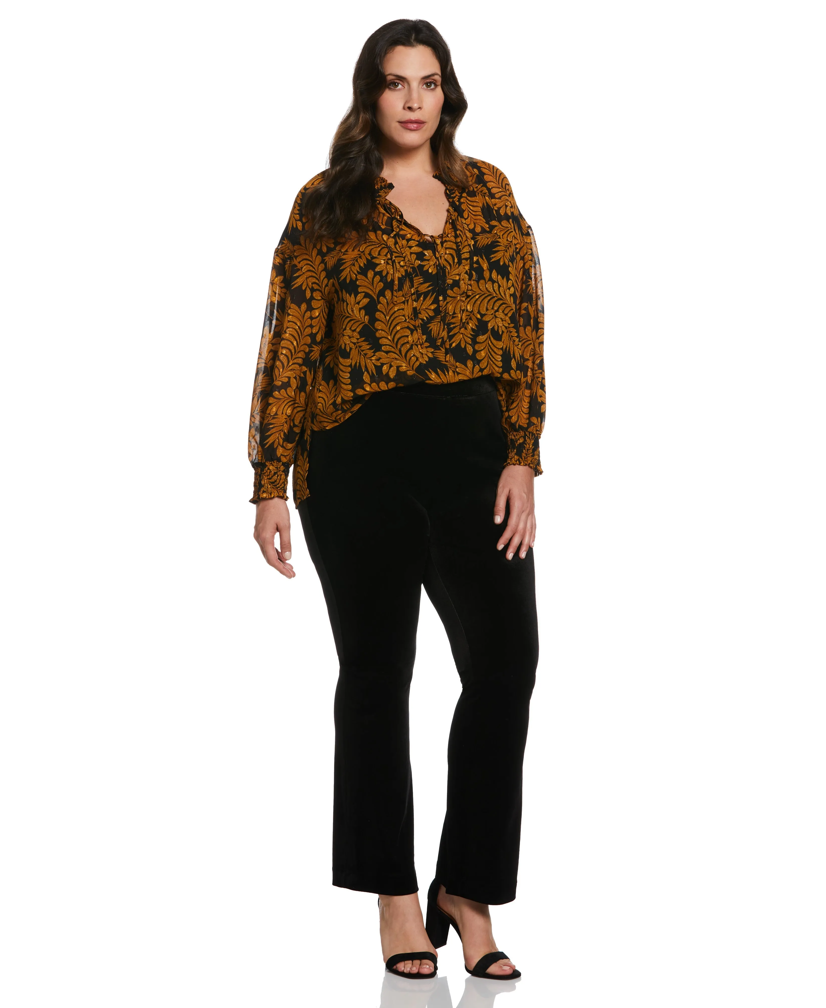 Plus Size Metallic Leaves Print Blouse