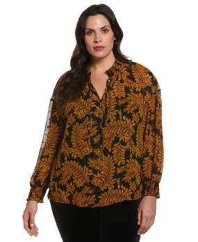 Plus Size Metallic Leaves Print Blouse