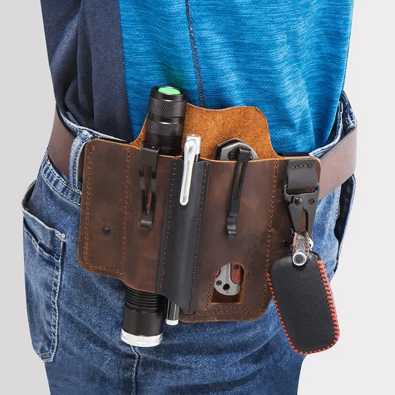 Portable Folding Knife Holster Camping Leather Belt Bag