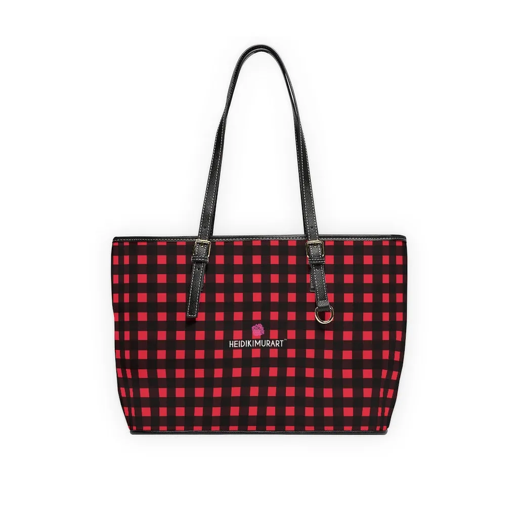 Red Buffalo Plaid Tote Bag, Plaid Print PU Leather Over The Shoulder Hand Work Bag 17"x11"/ 16"x10"