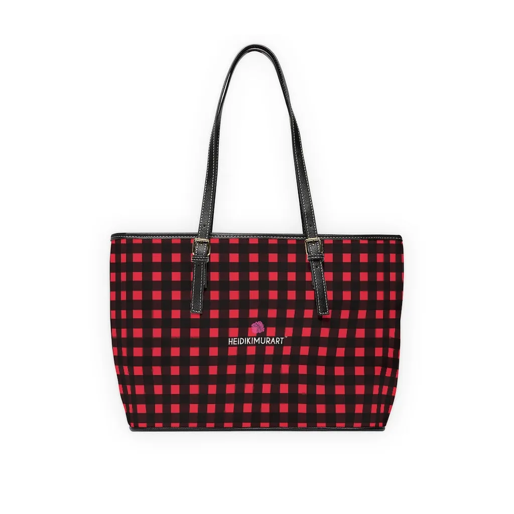 Red Buffalo Plaid Tote Bag, Plaid Print PU Leather Over The Shoulder Hand Work Bag 17"x11"/ 16"x10"