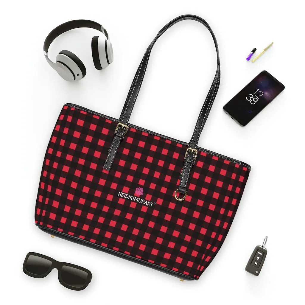 Red Buffalo Plaid Tote Bag, Plaid Print PU Leather Over The Shoulder Hand Work Bag 17"x11"/ 16"x10"