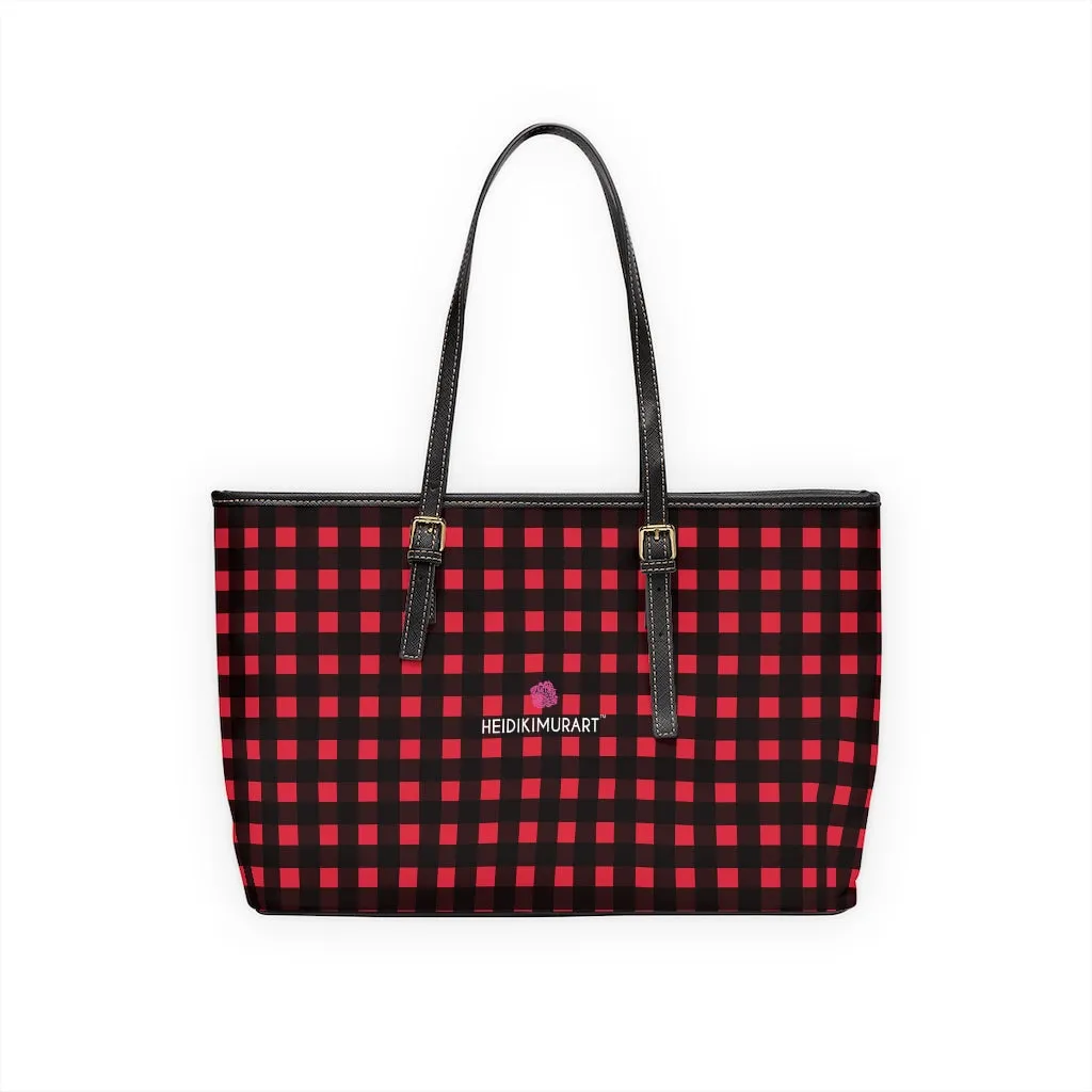 Red Buffalo Plaid Tote Bag, Plaid Print PU Leather Over The Shoulder Hand Work Bag 17"x11"/ 16"x10"