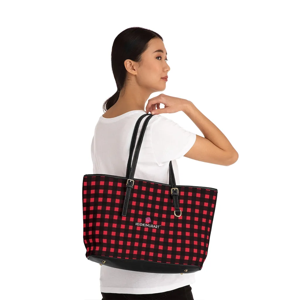 Red Buffalo Plaid Tote Bag, Plaid Print PU Leather Over The Shoulder Hand Work Bag 17"x11"/ 16"x10"