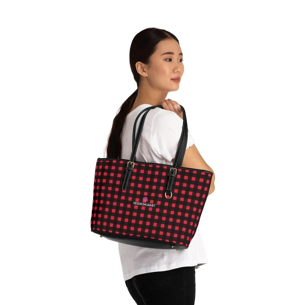 Red Buffalo Plaid Tote Bag, Plaid Print PU Leather Over The Shoulder Hand Work Bag 17"x11"/ 16"x10"