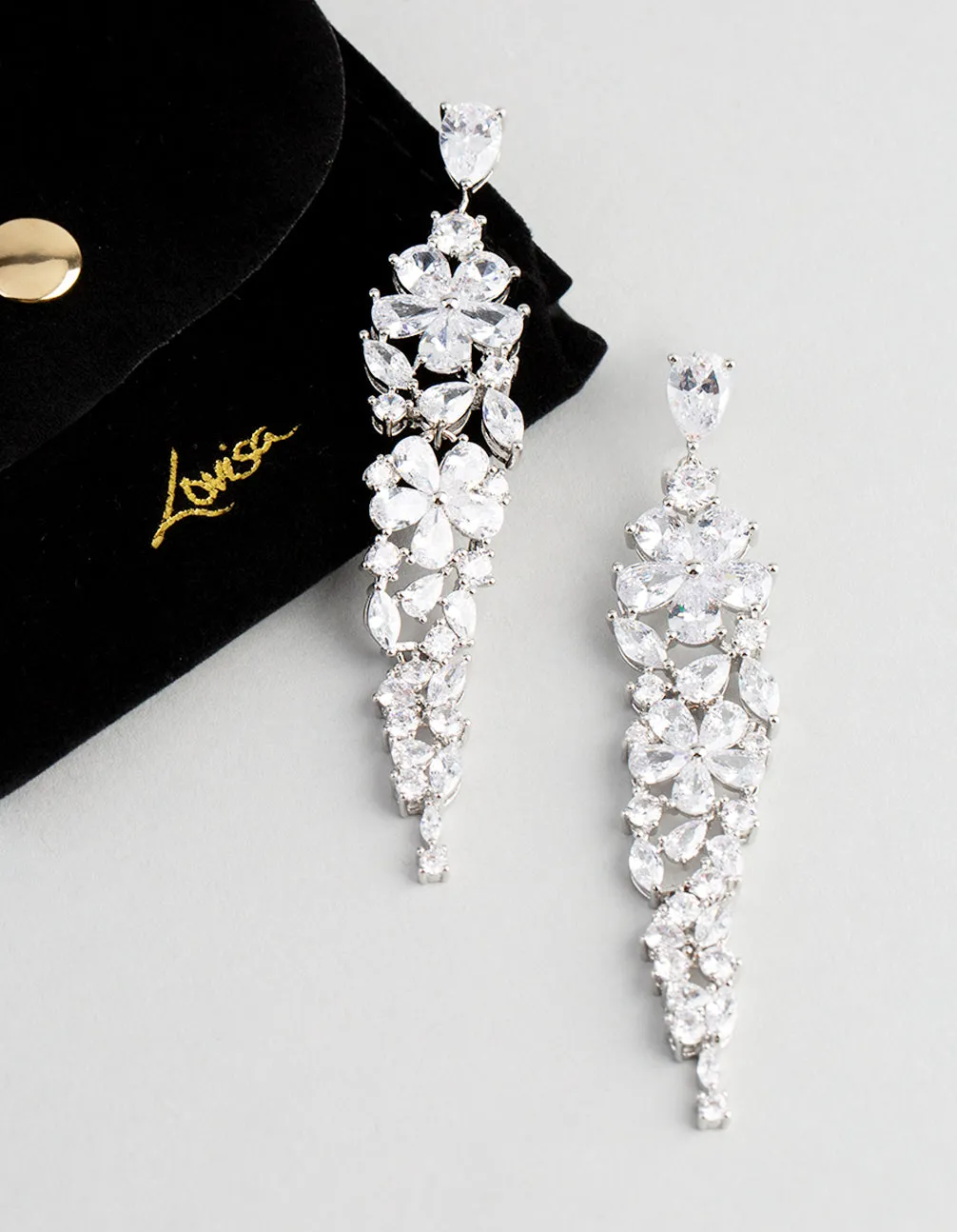 Rhodium Cubic Zirconia Statement Flower Drop Earrings