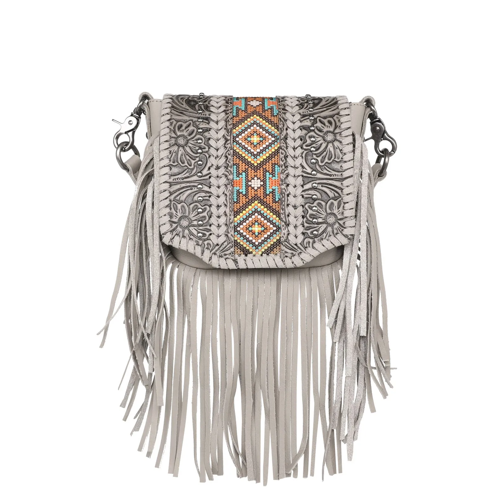 RLC-L166 Montana West Genuine Leather Tooled Collection Fringe Crossbody