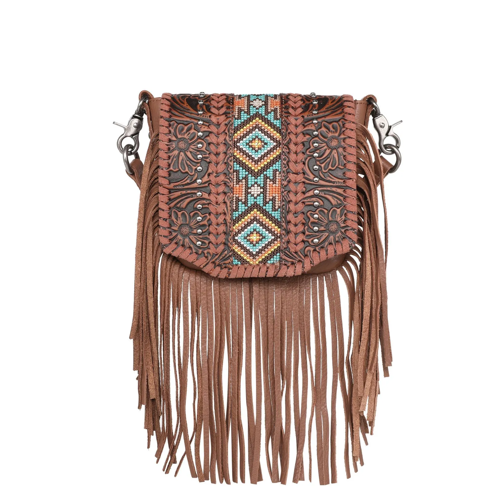 RLC-L166 Montana West Genuine Leather Tooled Collection Fringe Crossbody