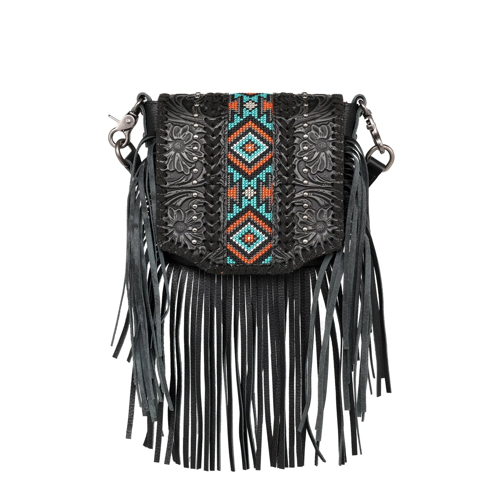 RLC-L166 Montana West Genuine Leather Tooled Collection Fringe Crossbody