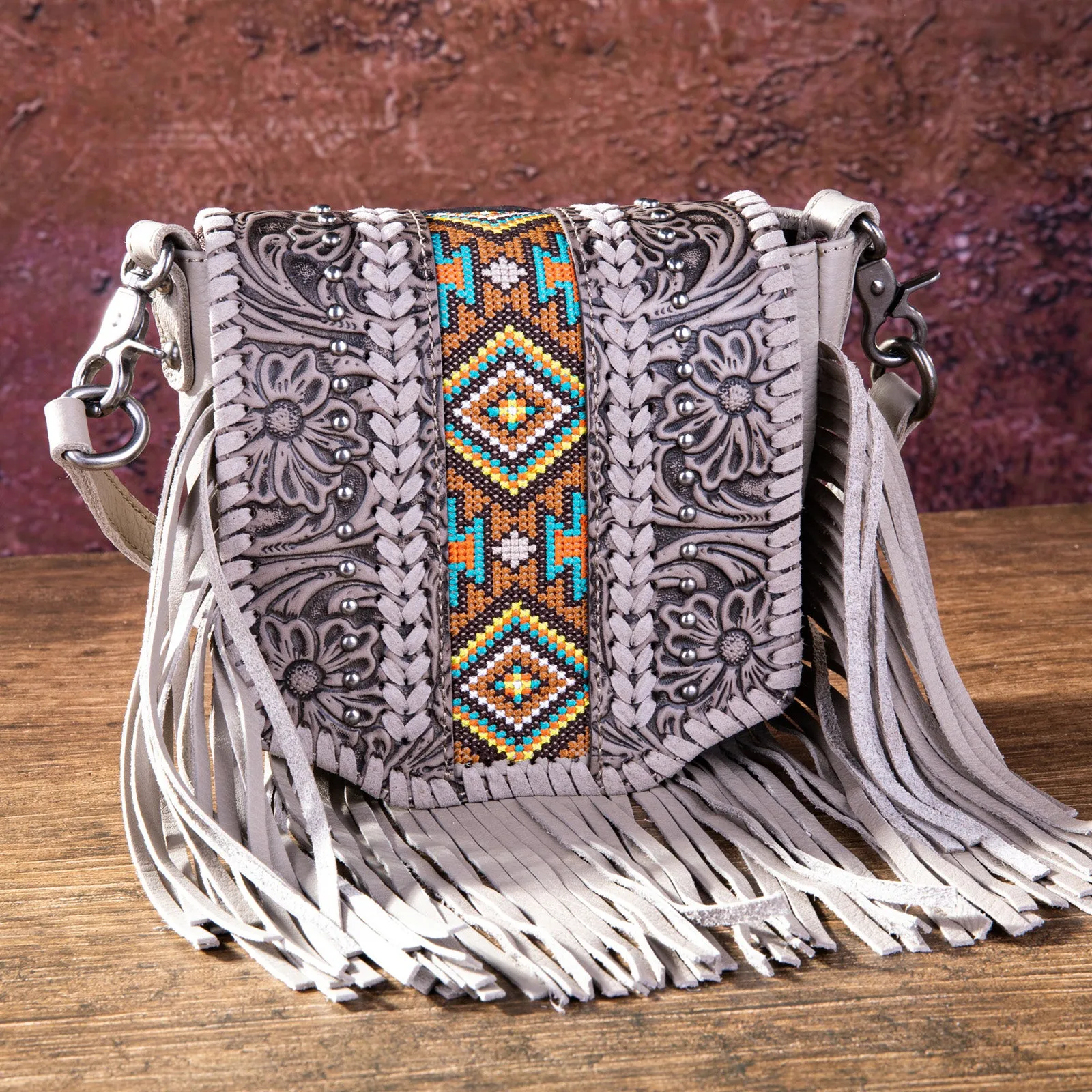 RLC-L166 Montana West Genuine Leather Tooled Collection Fringe Crossbody