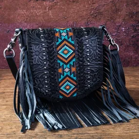 RLC-L166 Montana West Genuine Leather Tooled Collection Fringe Crossbody