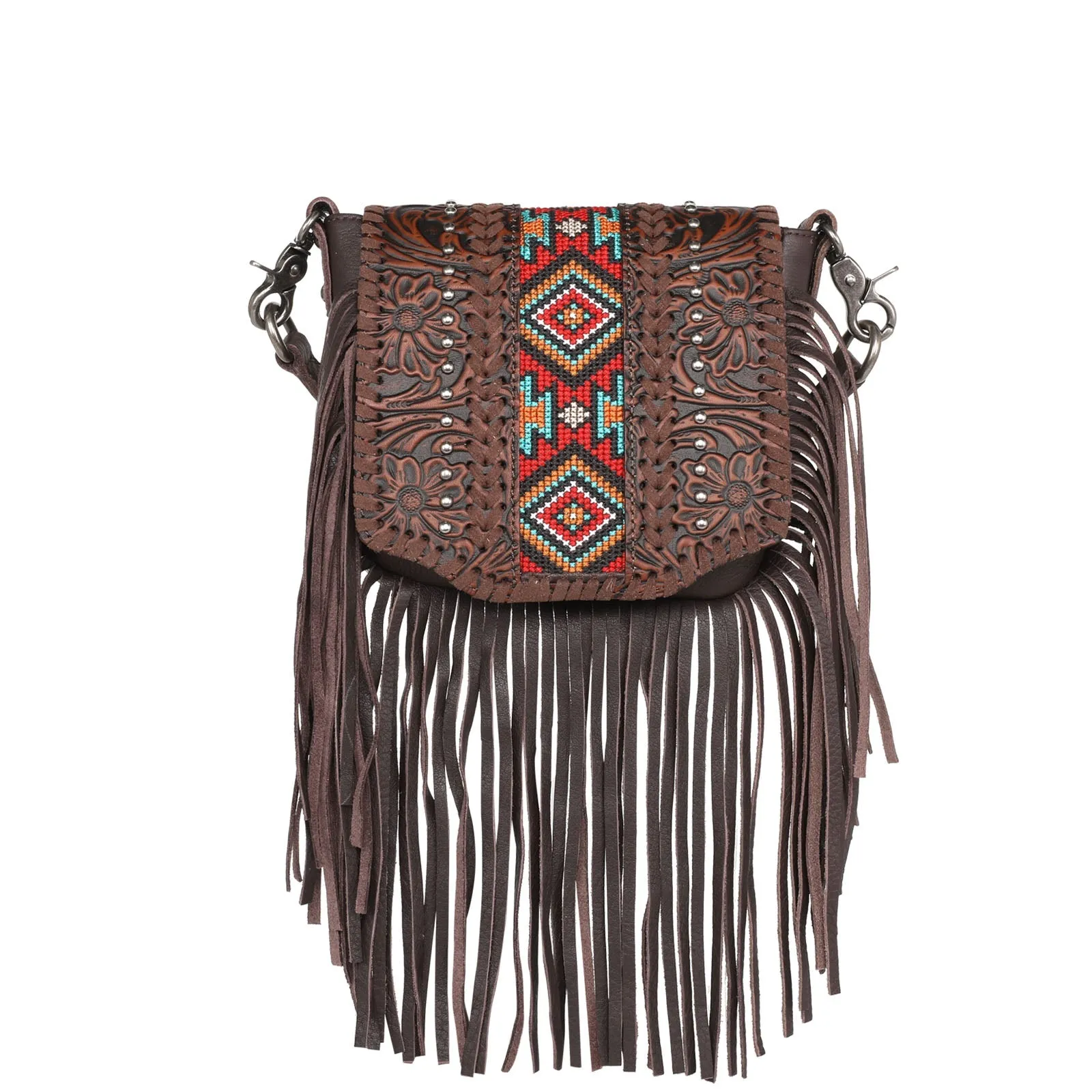 RLC-L166 Montana West Genuine Leather Tooled Collection Fringe Crossbody