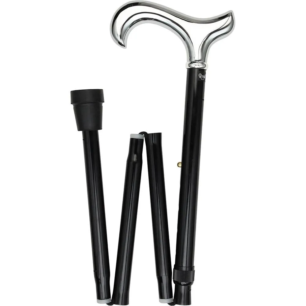 Scratch and Dent Chrome Plated Derby Walking Cane With Folding, Adjustable Black Aluminum Shaft V1713