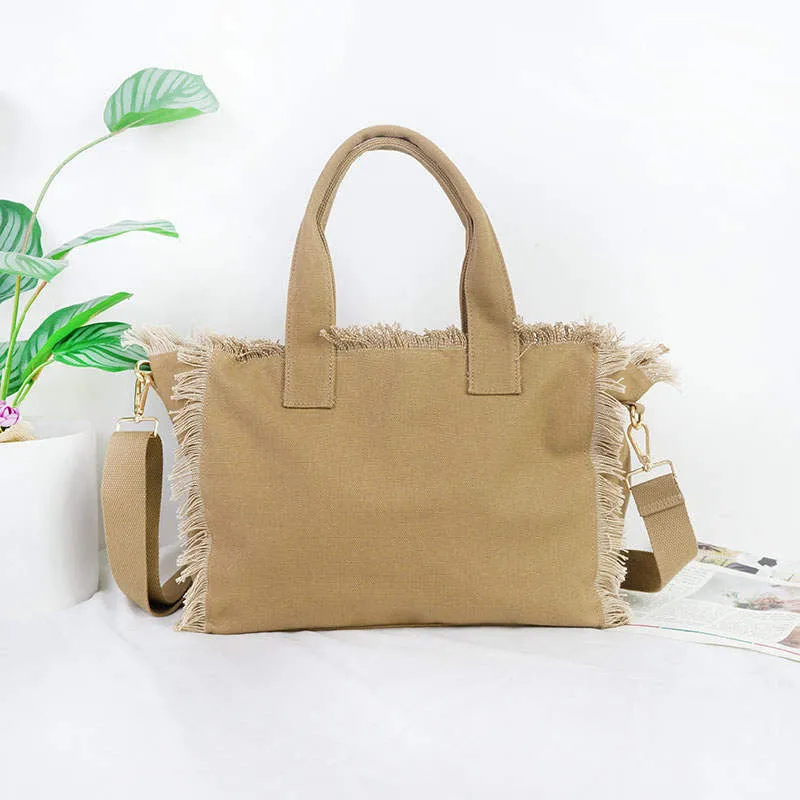 Small Fringe Canvas Tote With Solid Strap