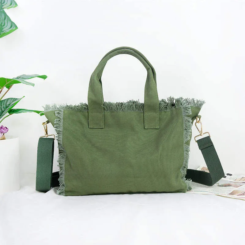 Small Fringe Canvas Tote With Solid Strap