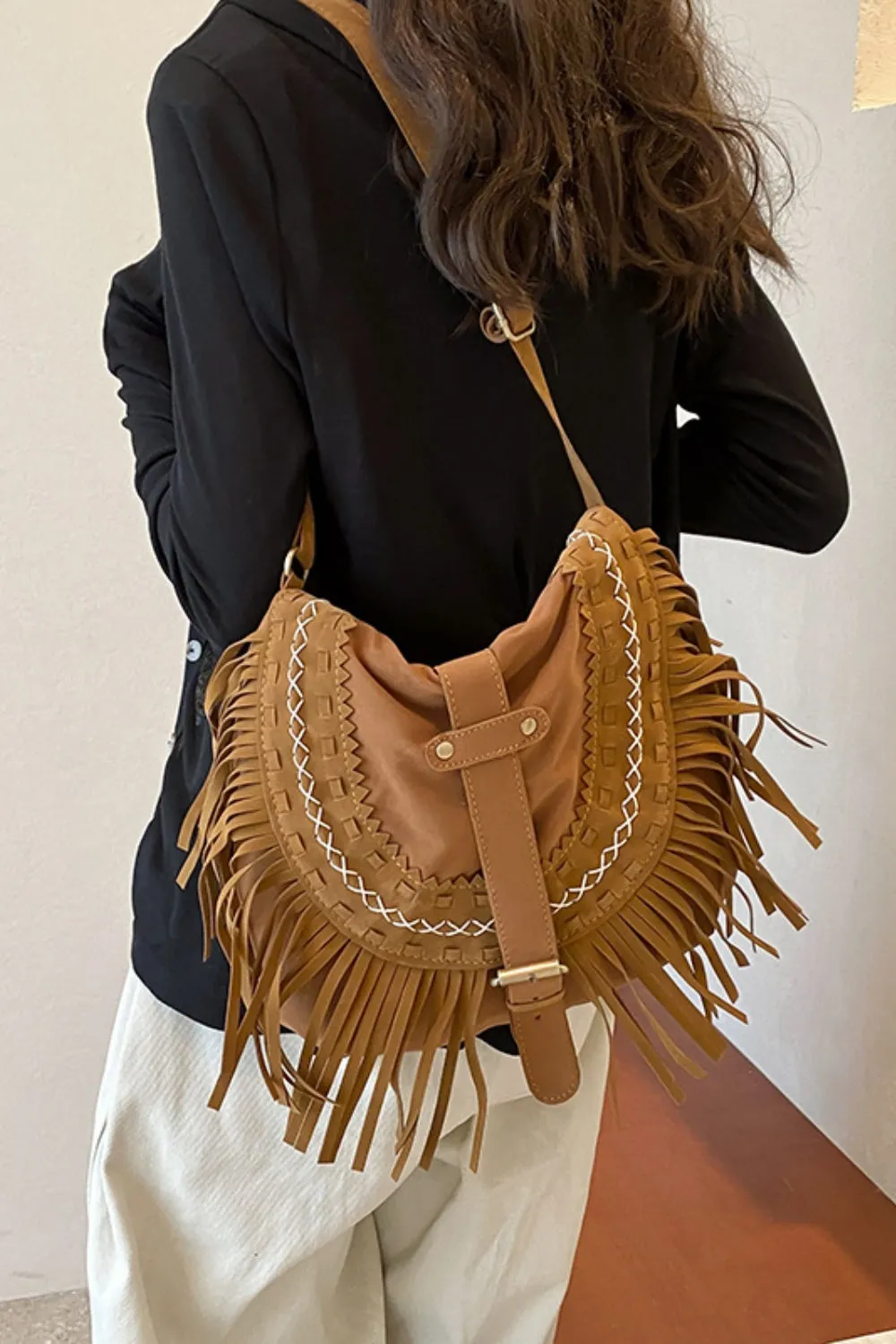 Suede Fringe Wide Strap Shoulder Bag