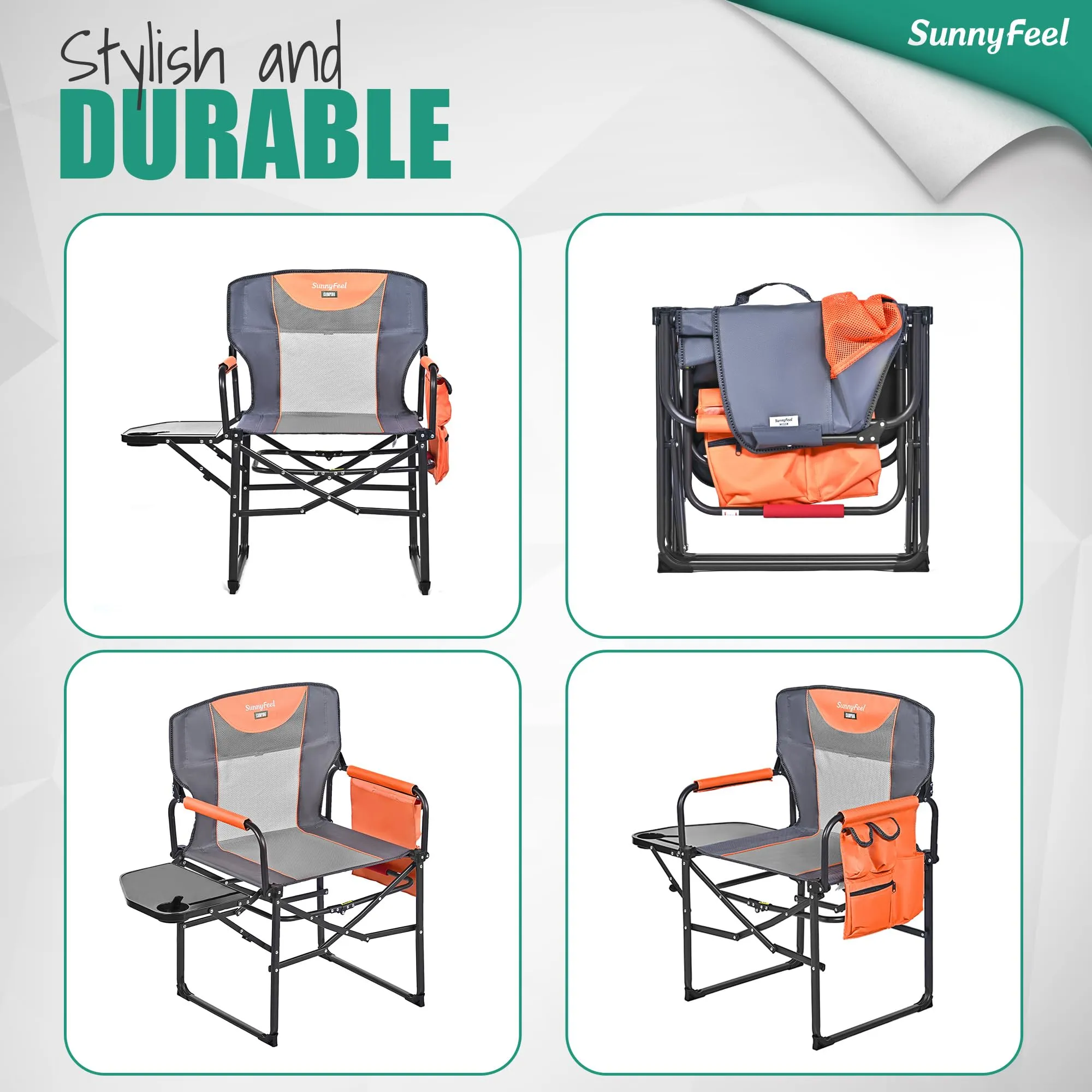 SUNNYFEEL Oversized Camping Directors Chair, Portable Folding Lawn Chairs for Adults Heavy Duty with Side Table,Pocket for Beach, Fishing,Picnic,Concert,Tailgating，Outdoor Foldable Camp Chair