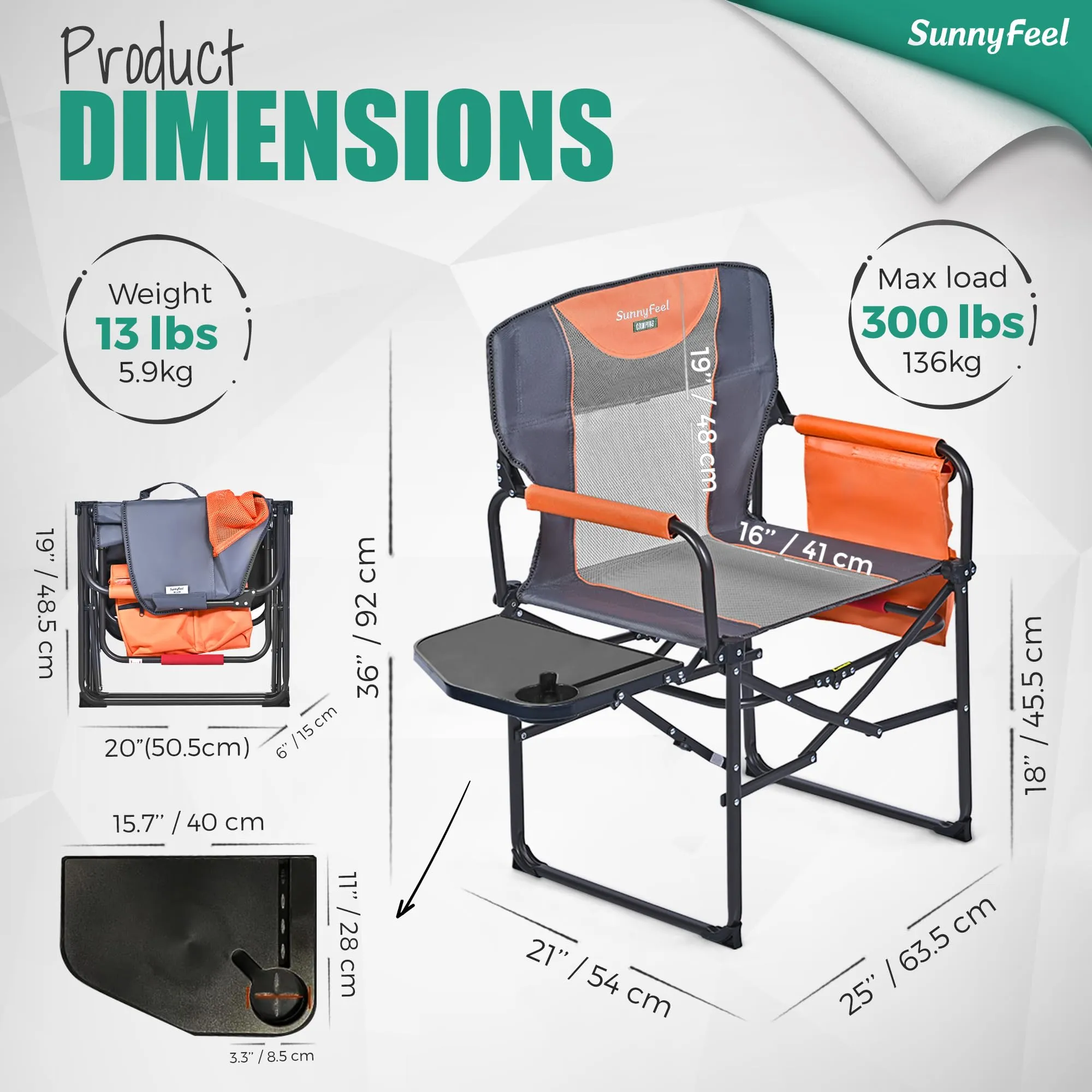 SUNNYFEEL Oversized Camping Directors Chair, Portable Folding Lawn Chairs for Adults Heavy Duty with Side Table,Pocket for Beach, Fishing,Picnic,Concert,Tailgating，Outdoor Foldable Camp Chair