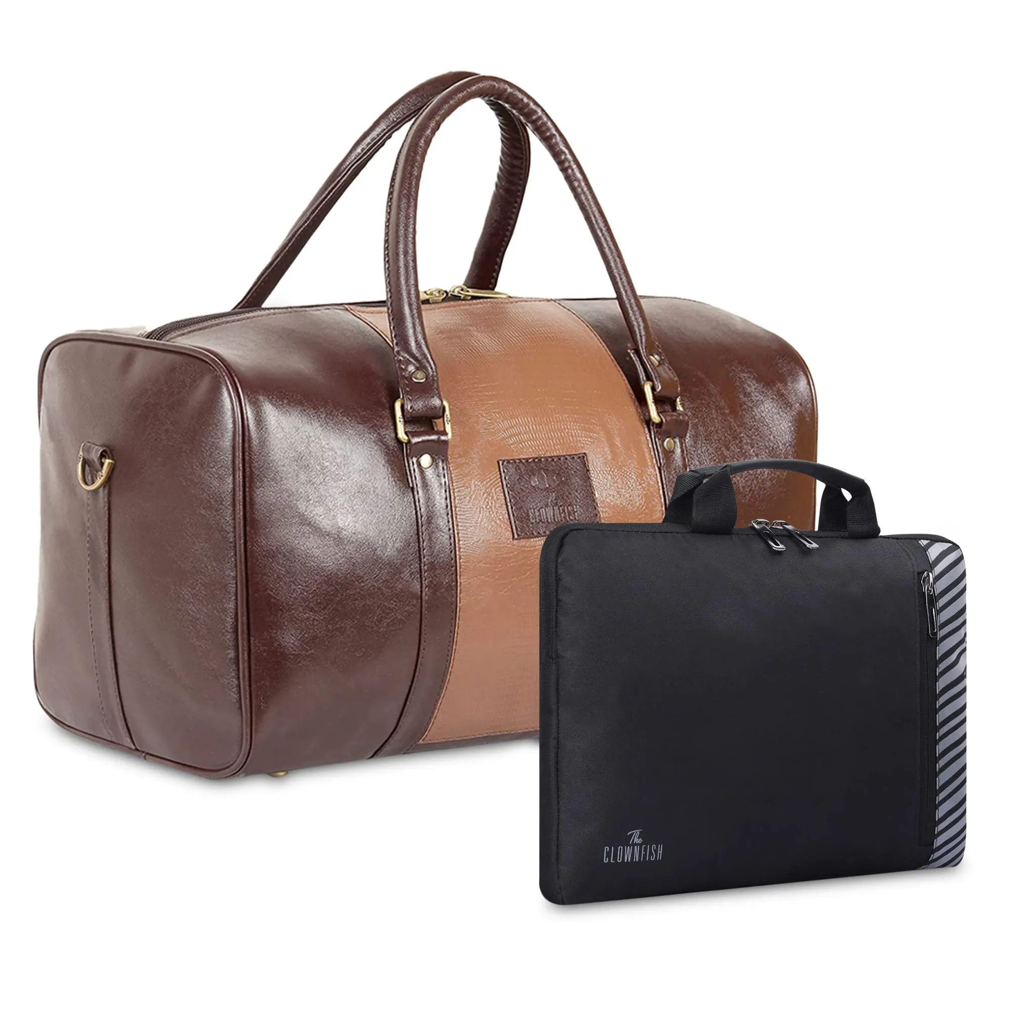 The Clownfish Combo of The Clownfish Ambiance Faux leather 18 Inch/20 Litres Brown Duffle Bag & Rex Series Polyester 15.6 inch Laptop Sleeve Tablet Case with Comfortable Carry Handles(Assorted colour)